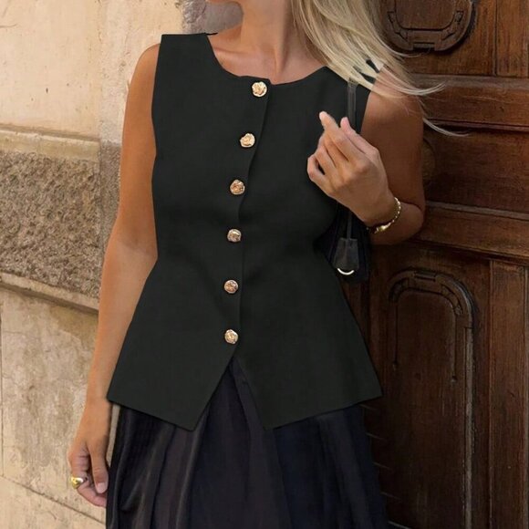 Black Casual Women's Metal Button Open Front Sleeveless Jacket - Picture 2 of 9